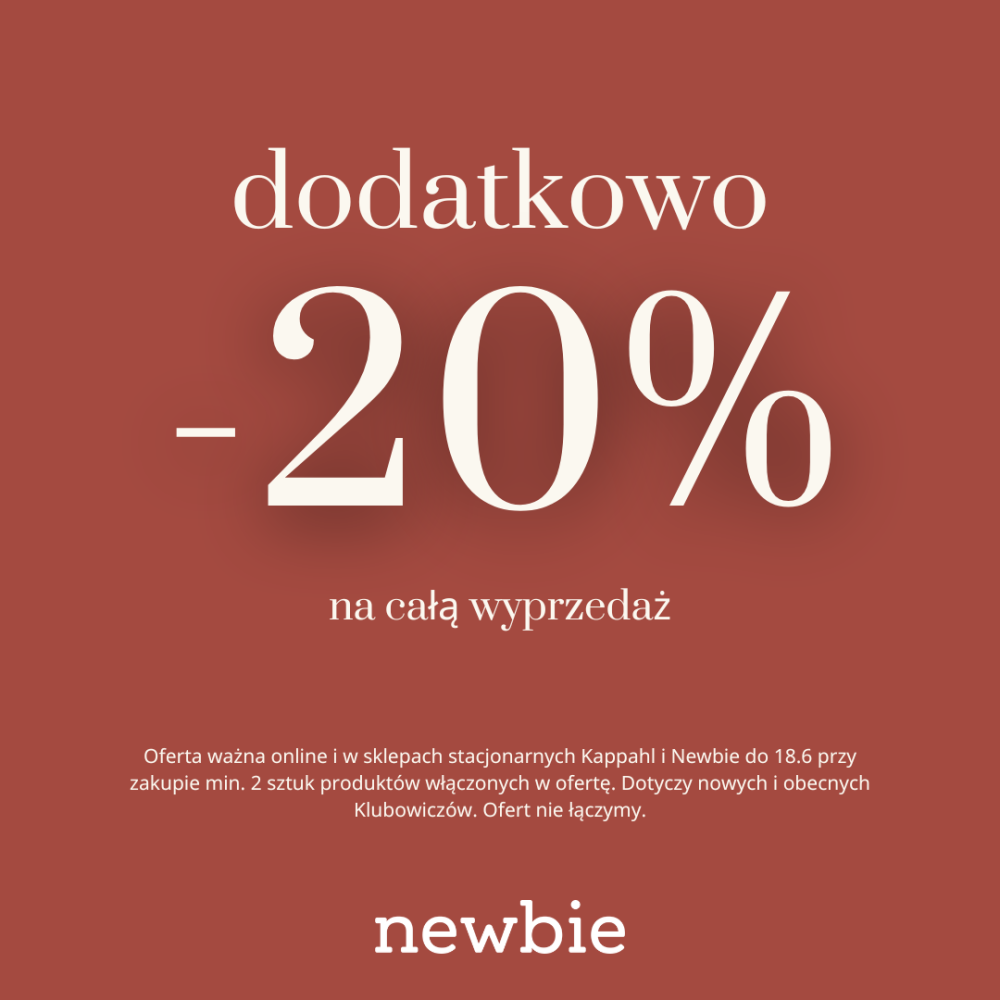 Kwadratowa grafika promocyjna marki Newbie prezentująca informację o dodatkowej obniżce dwudziestu procent przy zakupie minimum dwóch produktów z wyprzedaży