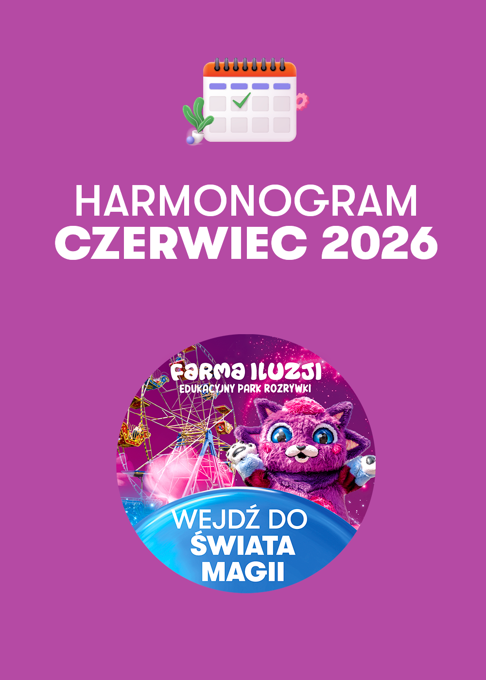 Grafika przedstawia czerwcowy harmonogram wydarzeń Galerii Młociny z podziałem na konkretne daty i opisy atrakcji. Całość została zaprojektowana na pastelowym, wielokolorowym tle z geometrycznymi wzorami, a w prawym górnym narożniku widoczne jest logo centrum handlowego.
