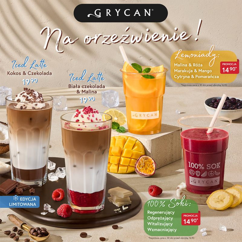 Plakat promocyjny marki Grycan przedstawia letnią ofertę napojów, w tym dwie kawy mrożone Iced Latte z gałkami lodów i bitą śmietaną, pomarańczową lemoniadę oraz czerwony, stuprocentowy sok w plastikowym kubku. Całość kompozycji na jasnym tle dopełniają apetyczne dodatki w postaci owoców, kostek lodu, ziaren kawy i czekolady oraz czytelne informacje o cenach i wariantach smakowych z hasłem „Na orzeźwienie!”.
