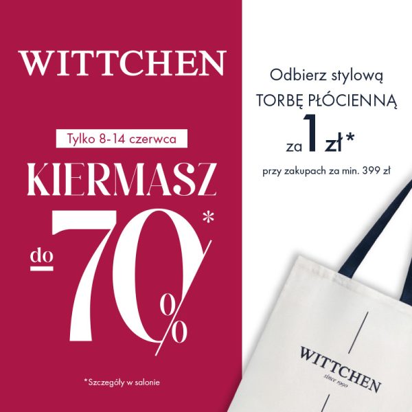 Plakat promocyjny prezentuje ofertę specjalną z dużym, białym napisem „KIERMASZ do -70%” umieszczonym na ciemnoróżowym tle. Druga połowa grafiki zawiera czarny tekst szczegółowo opisujący warunki odebrania materiałowej torby zakupowej oraz informację, że szczegóły akcji są dostępne w salonie.