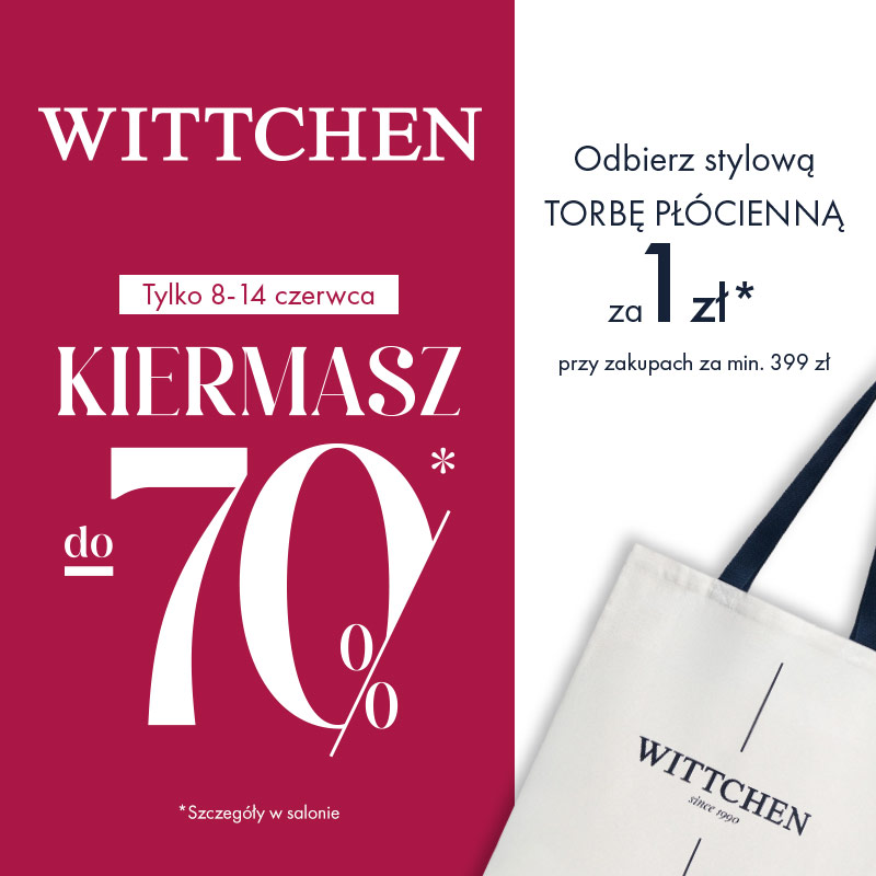 Plakat promocyjny prezentuje ofertę specjalną z dużym, białym napisem „KIERMASZ do -70%” umieszczonym na ciemnoróżowym tle. Druga połowa grafiki zawiera czarny tekst szczegółowo opisujący warunki odebrania materiałowej torby zakupowej oraz informację, że szczegóły akcji są dostępne w salonie.