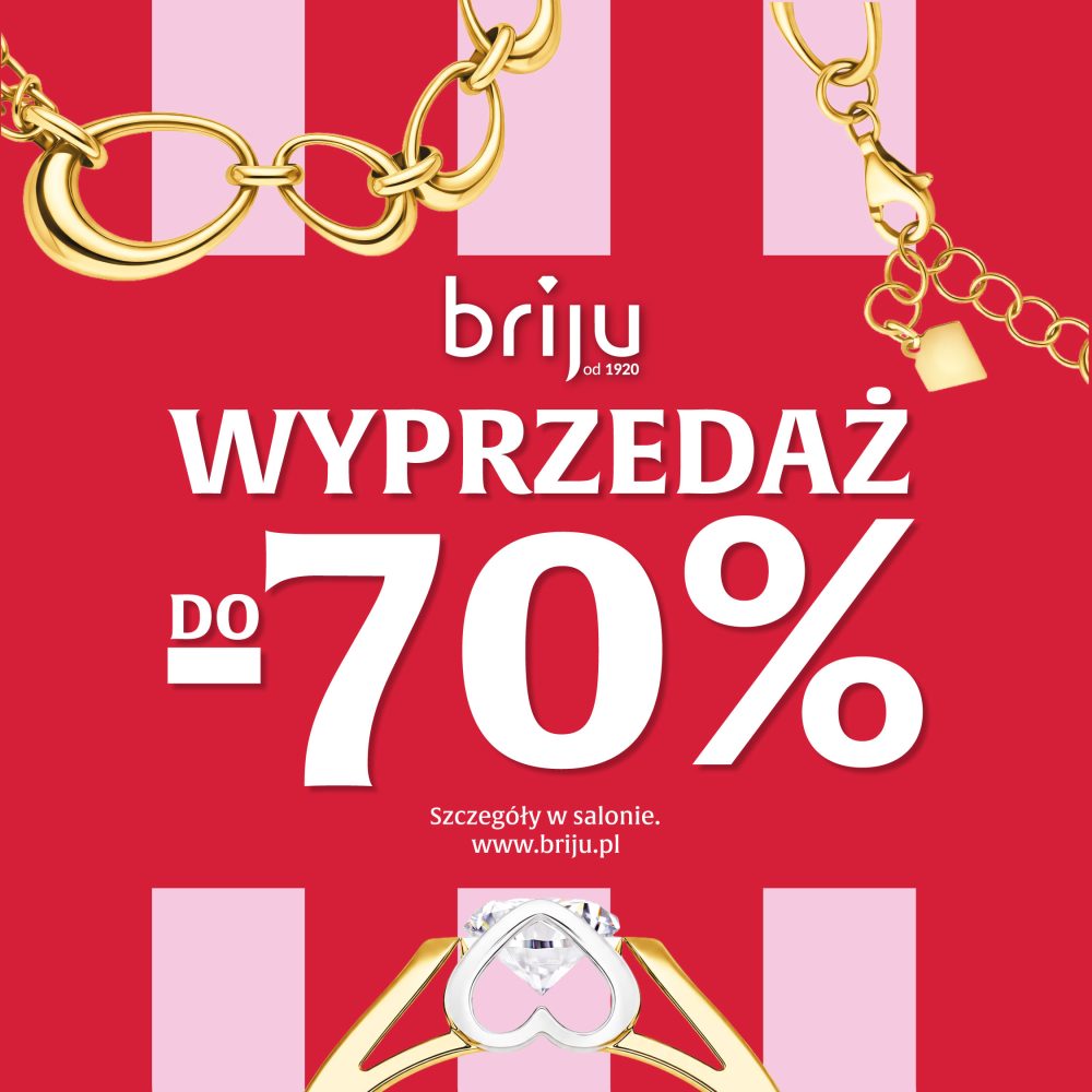 Kwadratowa grafika reklamowa marki jubilerskiej Briju zapowiadająca wielką wyprzedaż do minus siedemdziesięciu procent na wybrany asortyment w salonach stacjonarnych