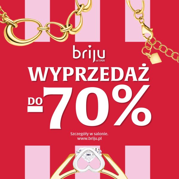 Kwadratowa grafika reklamowa marki jubilerskiej Briju zapowiadająca wielką wyprzedaż do minus siedemdziesięciu procent na wybrany asortyment w salonach stacjonarnych