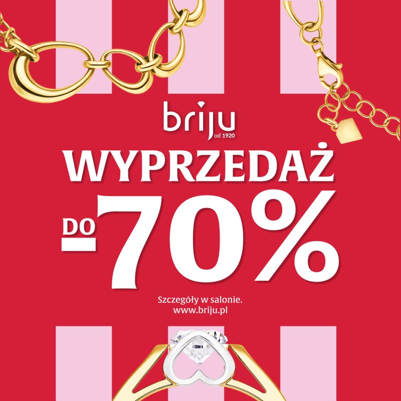 Kwadratowa grafika reklamowa marki jubilerskiej Briju zapowiadająca wielką wyprzedaż do minus siedemdziesięciu procent na wybrany asortyment w salonach stacjonarnych