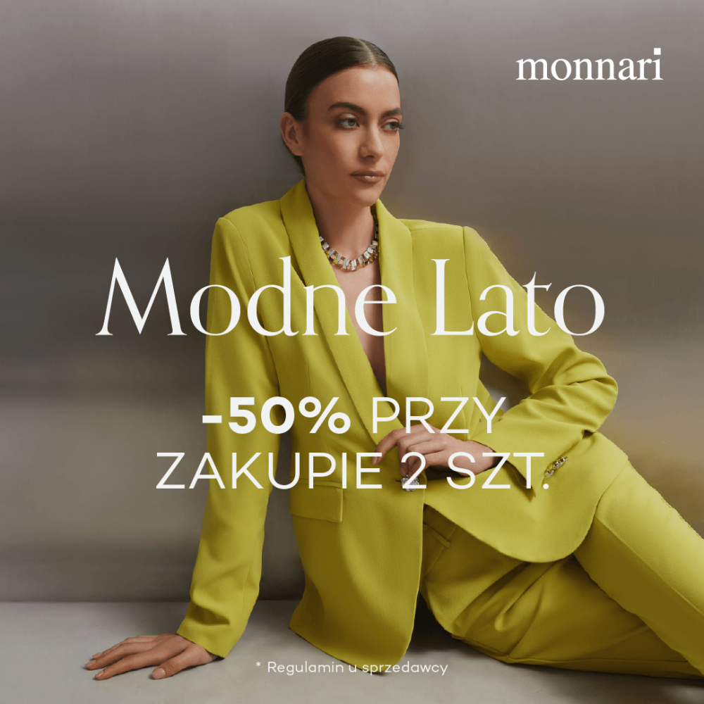 Kwadratowy plakat promocyjny Modne Lato z Monnari z informacją o zniżce na drugi produkt w sklepach stacjonarnych