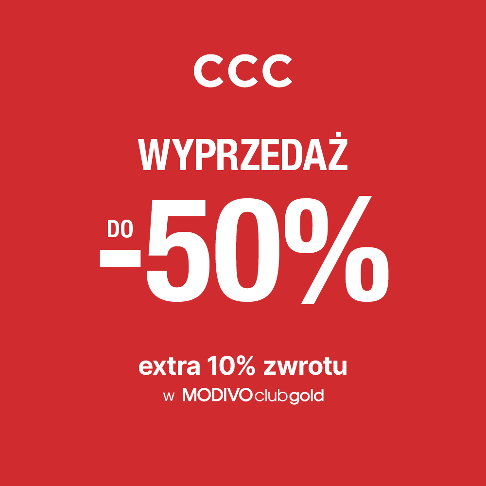 Kwadratowy baner promocyjny letniej wyprzedaży w sklepach CCC informujący o zniżkach do minus pięćdziesięciu procent na buty i dodatki