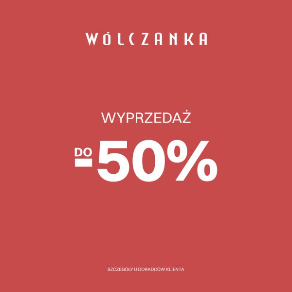 Bordowa grafika marki Wólczanka informująca o wyprzedaży do -50%.