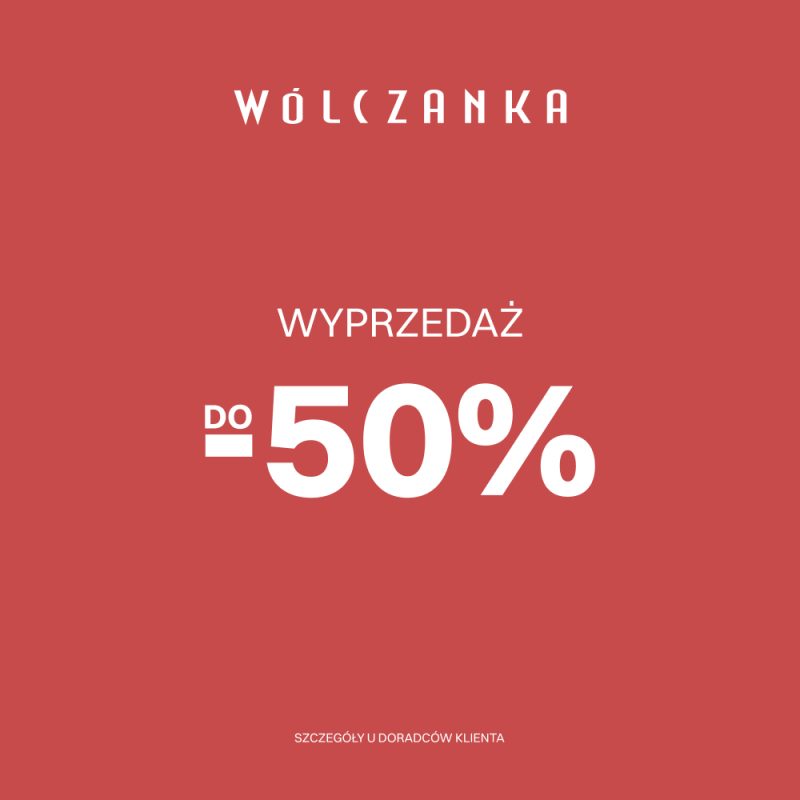 Bordowa grafika marki Wólczanka informująca o wyprzedaży do -50%.