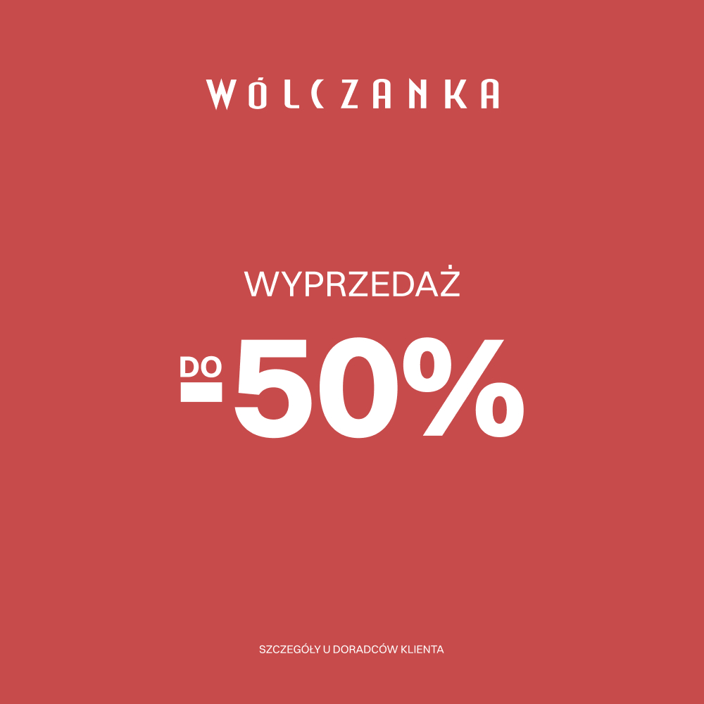 Bordowa grafika marki Wólczanka informująca o wyprzedaży do -50%.