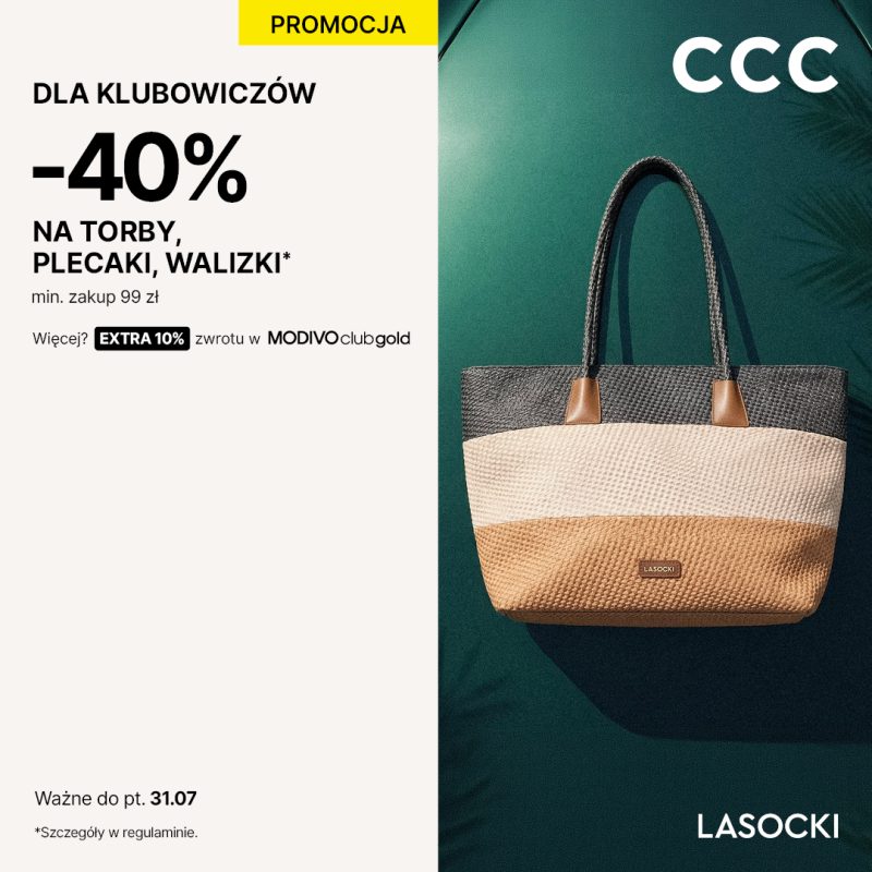 Kwadratowa grafika promocyjna sieci sklepów CCC zapowiadająca zniżkę czterdzieści procent na asortyment bagażowy dla uczestników programu lojalnościowego