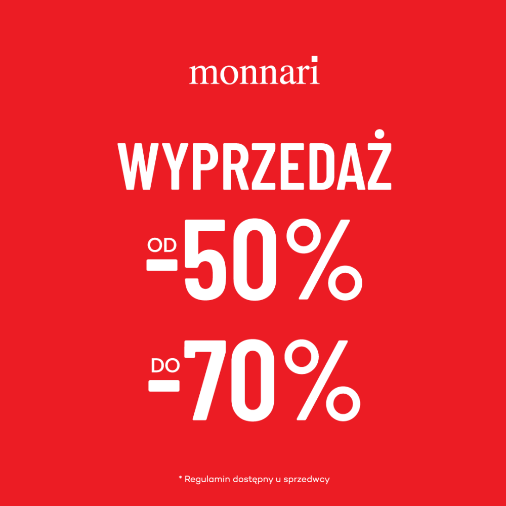 Czerwona grafika promocyjna marki Monnari z napisem „Wyprzedaż od -50% do -70%”. U góry znajduje się logo marki, a na dole informacja: „Regulamin dostępny u sprzedawcy”.