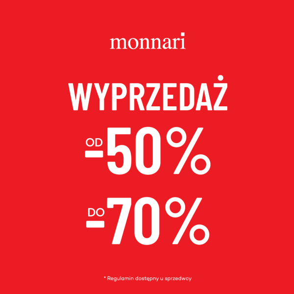 Czerwona grafika promocyjna marki Monnari z napisem „Wyprzedaż od -50% do -70%”. U góry znajduje się logo marki, a na dole informacja: „Regulamin dostępny u sprzedawcy”.