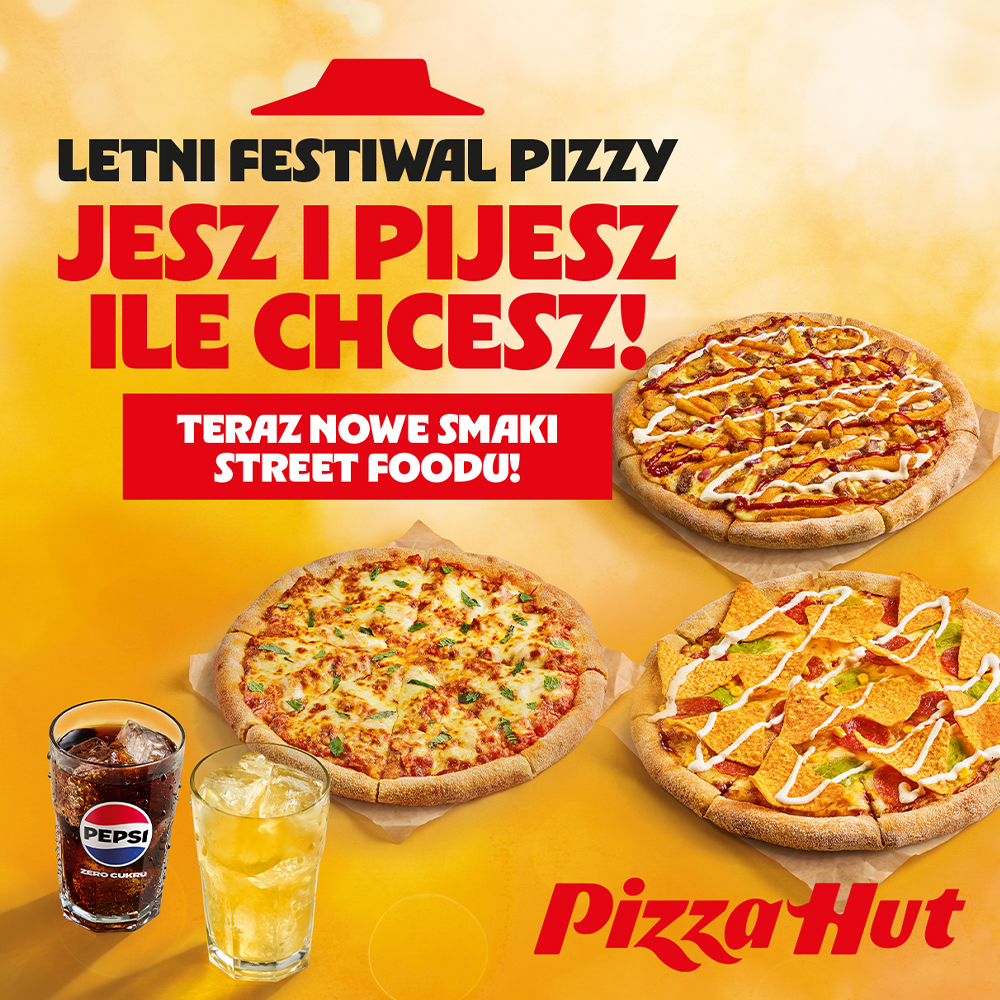 Grafika promocyjna Pizza Hut przedstawiająca trzy pyszne pizze z nowej linii Street Food oraz szklanki z napojami i lodem na słonecznym, żółtym tle z dużym napisem Letni Festiwal Pizzy Jesz i pijesz ile chcesz