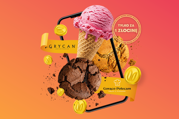 Grafika promująca akcję w aplikacji Galerii Młociny z ofertami Grycan i Gorąco Polecam. Na pomarańczowo-różowym tle widoczne są lody w wafelku, ciasteczka, złote monety oraz napis „Tylko za 1 złocinę”.