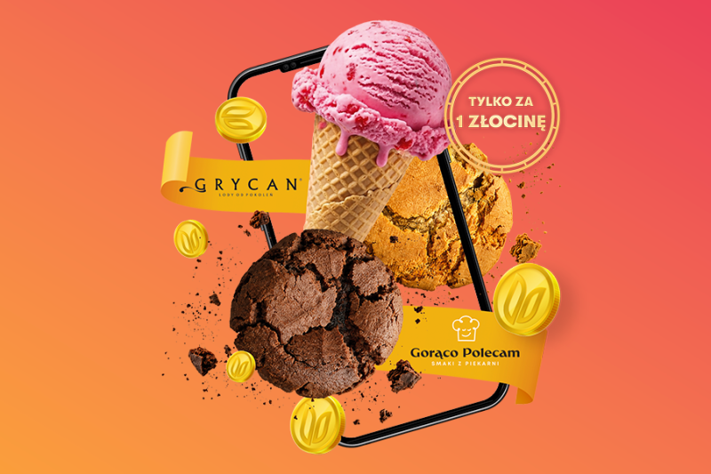 Grafika promująca akcję w aplikacji Galerii Młociny z ofertami Grycan i Gorąco Polecam. Na pomarańczowo-różowym tle widoczne są lody w wafelku, ciasteczka, złote monety oraz napis „Tylko za 1 złocinę”.