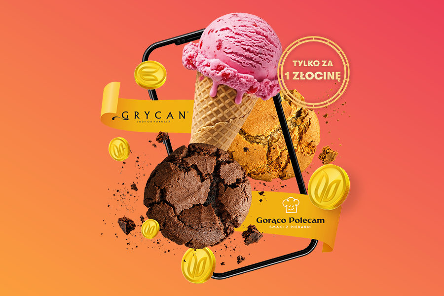 Grafika promująca akcję w aplikacji Galerii Młociny z ofertami Grycan i Gorąco Polecam. Na pomarańczowo-różowym tle widoczne są lody w wafelku, ciasteczka, złote monety oraz napis „Tylko za 1 złocinę”.