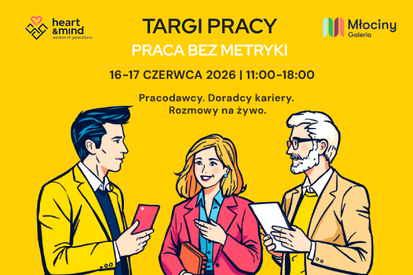 Grafika pozioma z logo organizatorów prezentująca Targi Pracy Praca bez metryki w Galerii Młociny