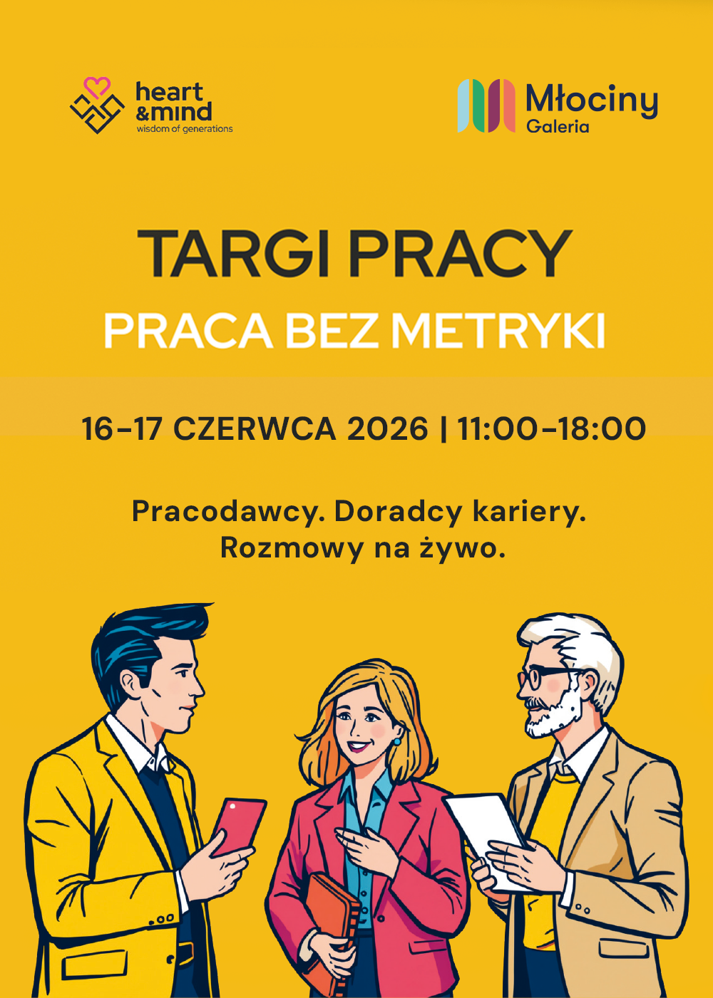 Pionowy żółty plakat z ilustracją kandydatów na Targi Pracy Praca bez metryki w Galerii Młociny