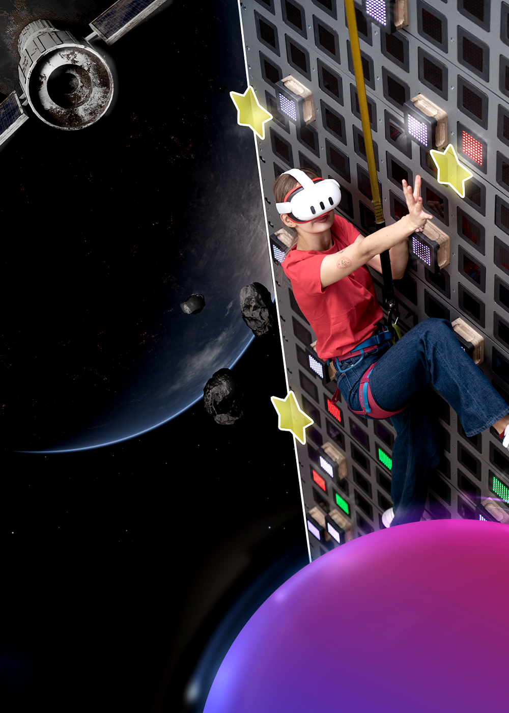 Dynamiczny plakat prezentuje nowoczesną formę rozrywki, w której wspinacz korzysta z okularów do rozszerzonej rzeczywistości na specjalnej ścianie z kwadratowymi modułami. Całość została osadzona w fantastycznej, kosmicznej scenerii z elementami grafiki trójwymiarowej.
