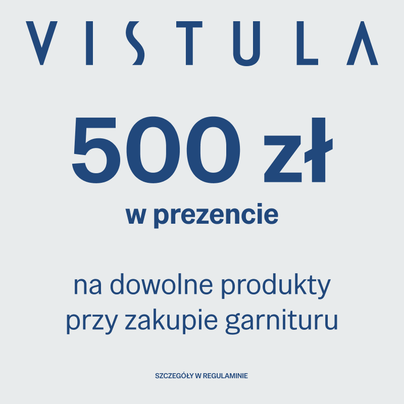 Grafika promocyjna marki Vistula przedstawia minimalistyczny plakat w jasnoszarej kolorystyce z ciemnoniebieskimi napisami. Centralny komunikat informuje o ofercie „500 zł w prezencie na dowolne produkty przy zakupie garnituru”, z dopiskiem o szczegółach w regulaminie na samym dole.