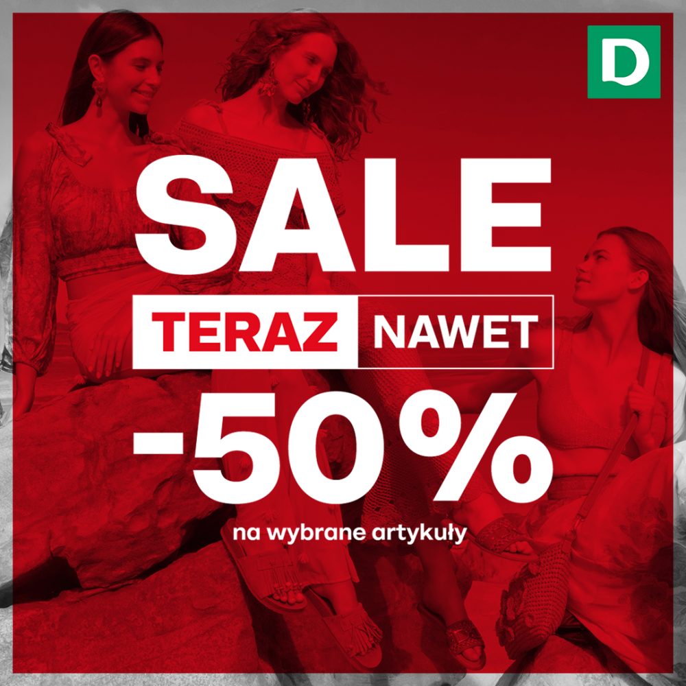 Grafika promocyjna sklepu Deichmann w Galerii Młociny, informująca o promocji do -50% na wybrane artykuły.