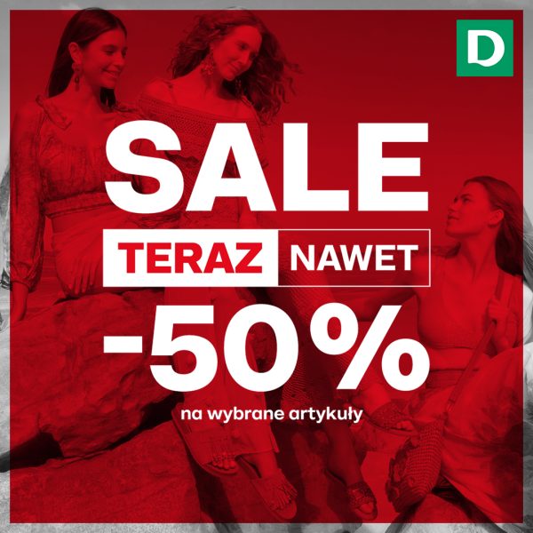 Grafika promocyjna sklepu Deichmann w Galerii Młociny, informująca o promocji do -50% na wybrane artykuły.
