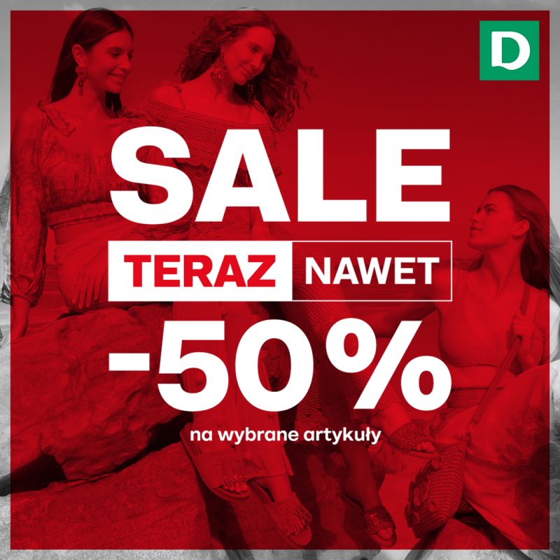 Grafika promocyjna sklepu Deichmann w Galerii Młociny, informująca o promocji do -50% na wybrane artykuły.