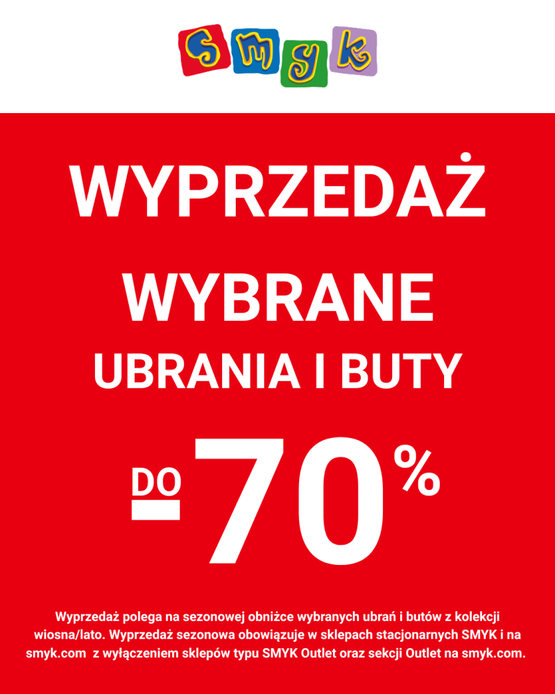 Grafika promocyjna marki Smyk informująca o wyprzedaży na wybrane ubrania i buty do -70%.