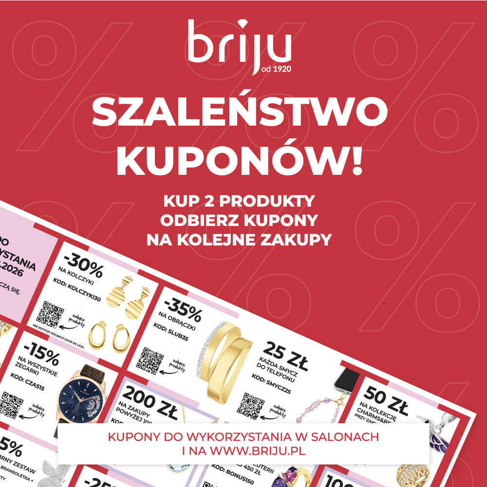 Grafika reklamowa marki Briju informuje o akcji promocyjnej „Szaleństwo Kuponów!”, w ramach której za zakup dwóch produktów otrzymuje się kupony rabatowe na kolejne zakupy. Na czerwonym tle zaprezentowano arkusz z różnymi kuponami zniżkowymi i kodami, na których widać m.in. kolczyki, obrączki, zegarek oraz propozycje kwotowe (np. 200 zł czy 50 zł) przeznaczone do wykorzystania w salonach oraz w sklepie internetowym.
