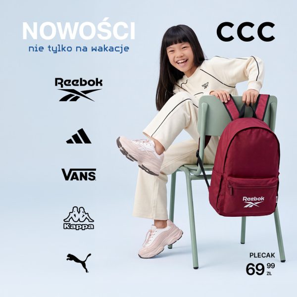 Reklama nowej kolekcji w CCC z dziewczynką siedzącą na krześle, bordowym plecakiem Reebok oraz informacją o dostępnych produktach marek Reebok, adidas, Vans, Kappa i Puma.