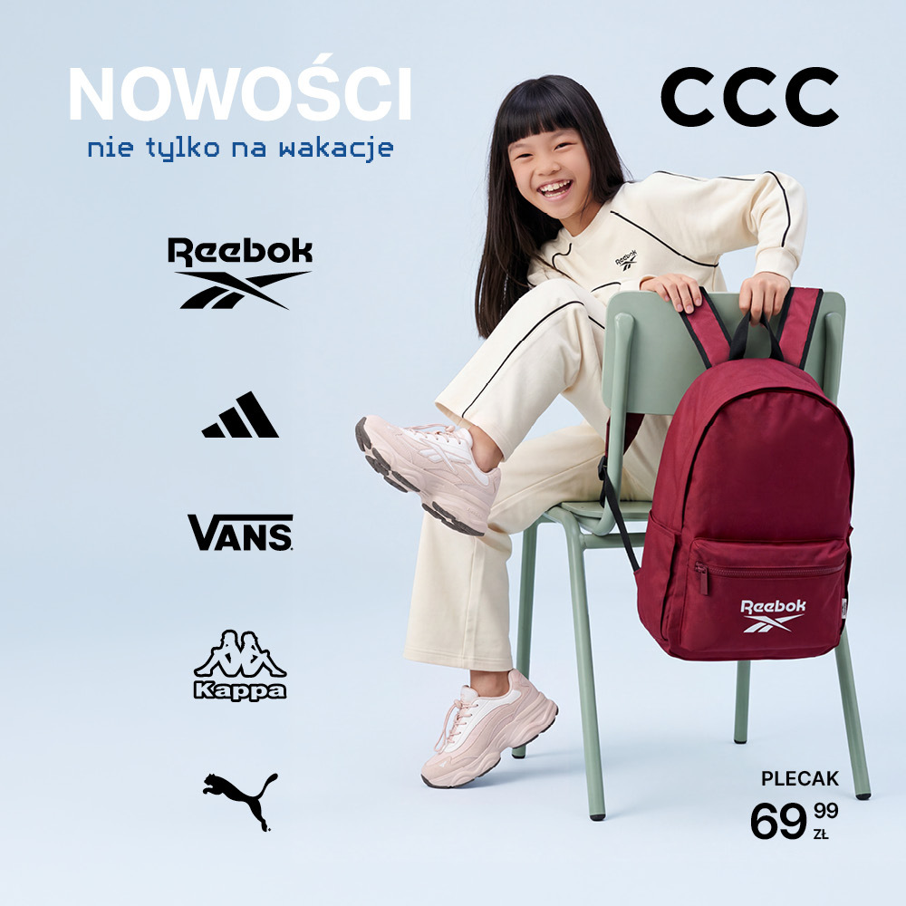 Reklama nowej kolekcji w CCC z dziewczynką siedzącą na krześle, bordowym plecakiem Reebok oraz informacją o dostępnych produktach marek Reebok, adidas, Vans, Kappa i Puma.