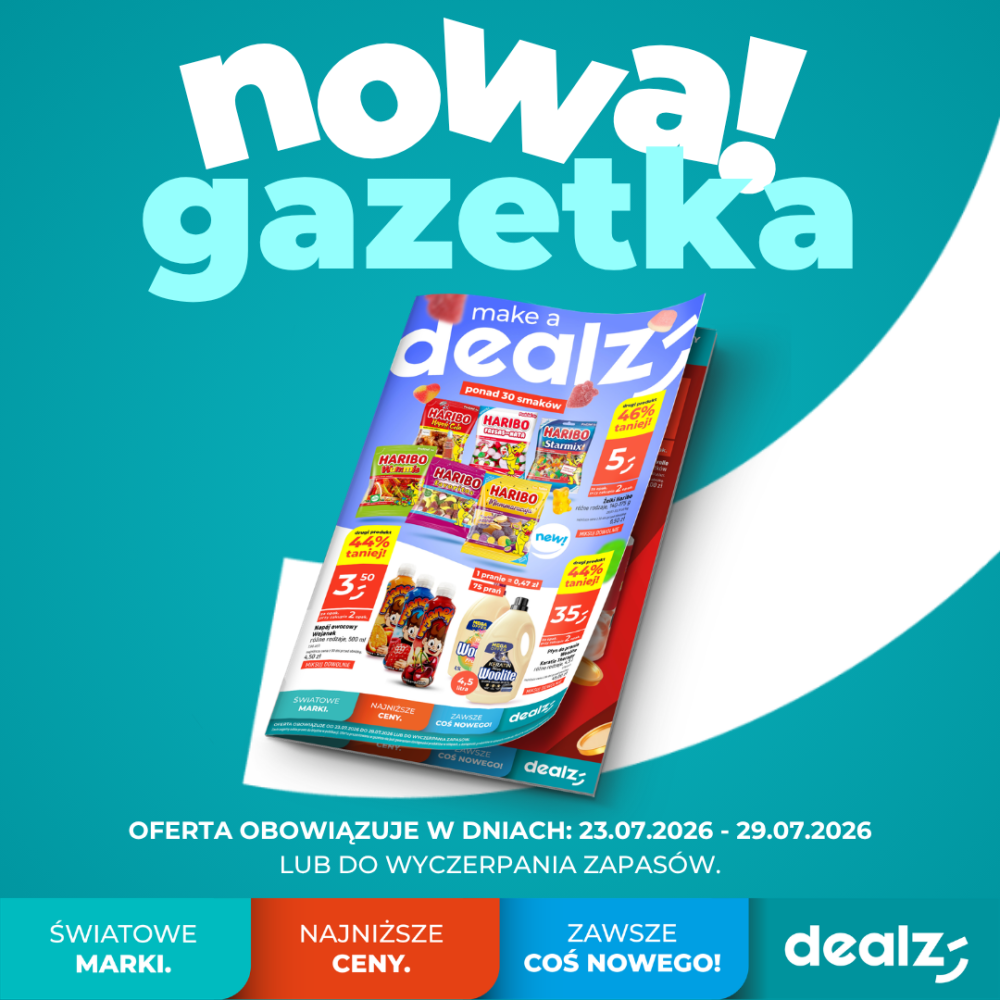 Grafika reklamowa sklepu Dealz przedstawia okładkę nowej gazetki promocyjnej z produktami takimi jak żelki Haribo czy płyny do prania, umieszczoną na turkusowym tle z dużym napisem „nowa! gazetka”. Na dole widnieje informacja o terminie obowiązywania oferty oraz logo sieci Dealz ze słowami kluczowymi marki.
