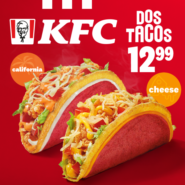 Plakat promocyjny KFC w Galerii Młociny na czerwonym tle z dużym logo KFC oraz napisem DOS TACOS 12,99 zł, przedstawiający dwa apetyczne tacosy w wersji California i Cheese z chrupiącym kurczakiem i dodatkami.