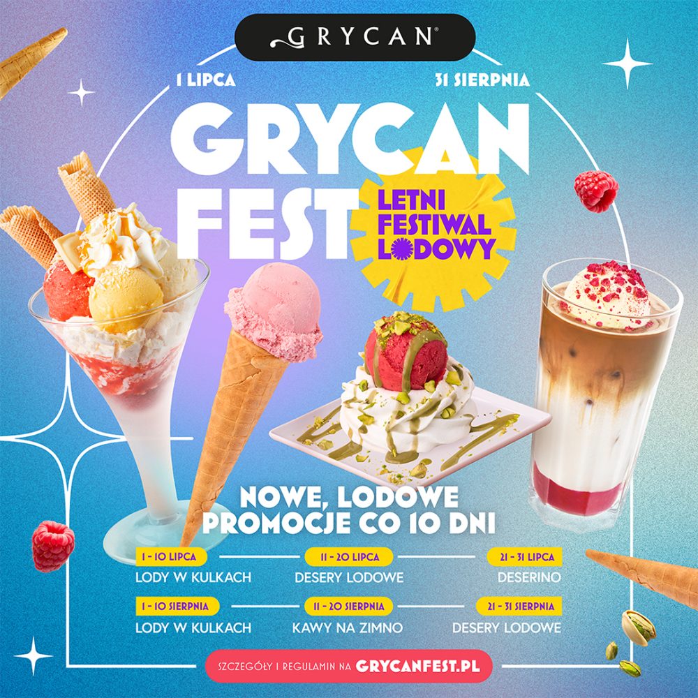 Grafika promująca „Grycan Fest – Letni Festiwal Lodowy” trwający od 1 lipca do 31 sierpnia. Na niebiesko-fioletowym tle widoczne są różne desery i napoje: puchar lodowy z bitą śmietaną i wafelkami, rożek z różowymi lodami, deser lodowy z pistacjami oraz mrożona kawa z malinowym dodatkiem. Na grafice znajdują się informacje o promocjach obowiązujących co 10 dni: lody w kulkach, desery lodowe, desery „Deserino” oraz kawy na zimno. U dołu umieszczono adres strony grycanfest.pl z regulaminem i szczegółami akcji.