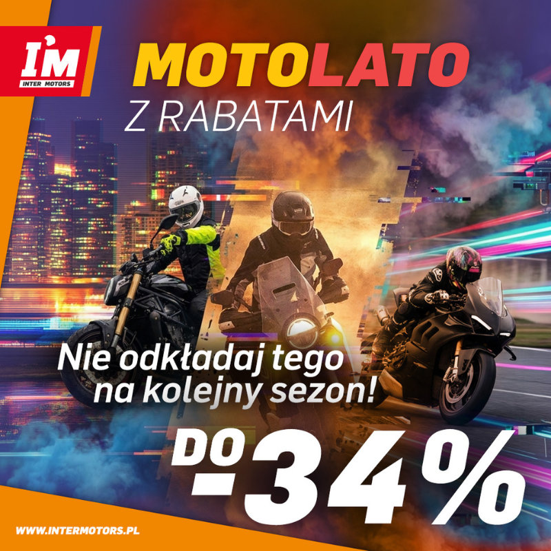 Grafika promocyjna Inter Motors „Motolato z rabatami” przedstawiająca trzech motocyklistów na różnych motocyklach na tle miejskiej scenerii. Na grafice znajdują się napisy: „Nie odkładaj tego na kolejny sezon!” oraz „Do -34%”, informujące o promocji na produkty motocyklowe.