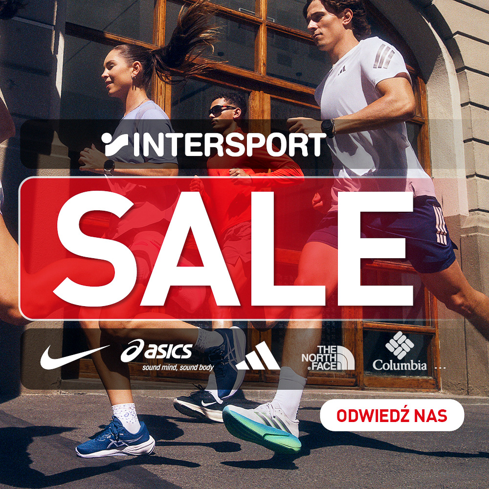 Grafika reklamowa sieci Intersport informuje o letniej wyprzedaży (hasło „SALE”) marek sportowych takich jak Nike, Asics, Adidas, The North Face oraz Columbia. W tle widać biegaczy w odzieży sportowej na miejskiej ulicy, a w dolnym rogu umieszczono przycisk z wezwaniem do działania „ODWIEDŹ NAS”.