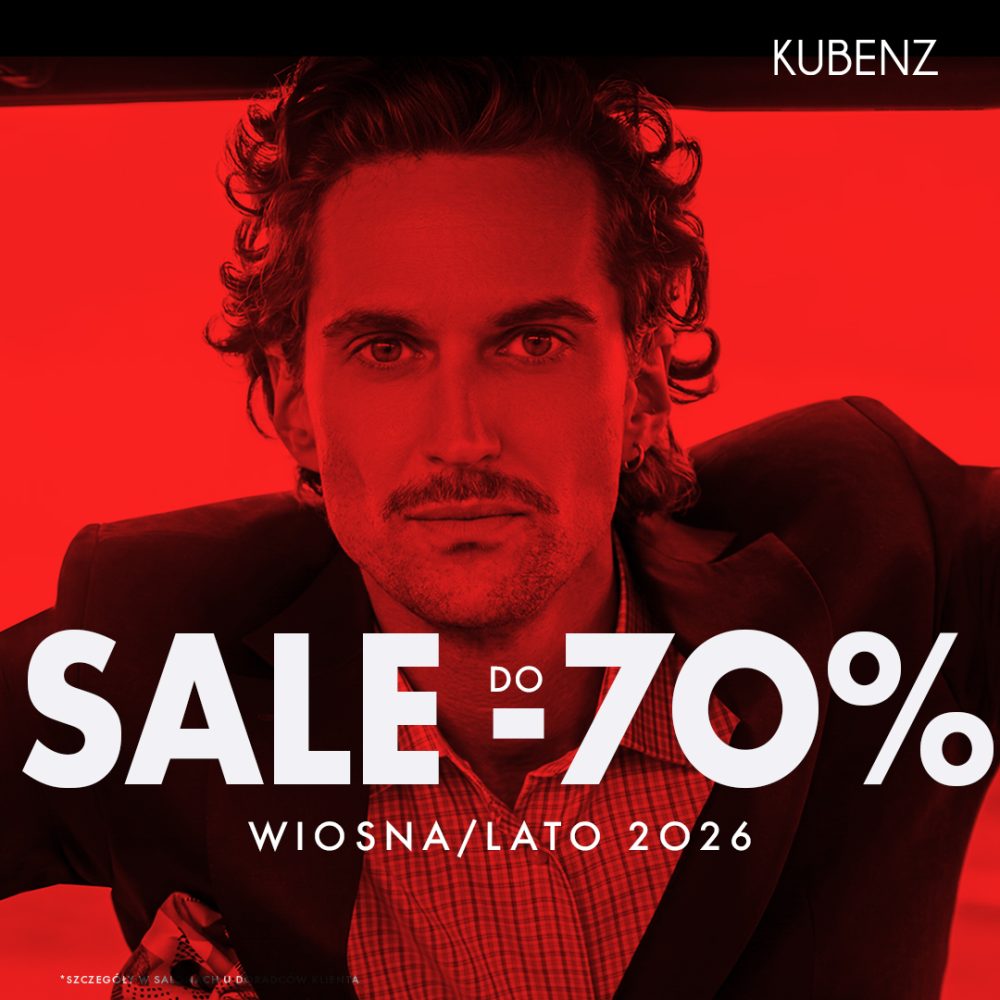 Grafika promocyjna marki KUBENZ przedstawiająca mężczyznę w marynarce na czerwonym tle. Na grafice widnieje informacja o wyprzedaży „SALE do -70%” oraz kolekcji Wiosna/Lato 2026.