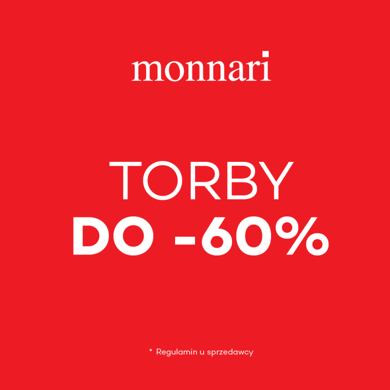 Grafika promocyjna marki Monnari przedstawia intensywnie czerwone tło z białymi napisami. Na samej górze umieszczono logo marki, pod którym widnieje duża informacja o wyprzedaży: „TORBY DO -60%”.