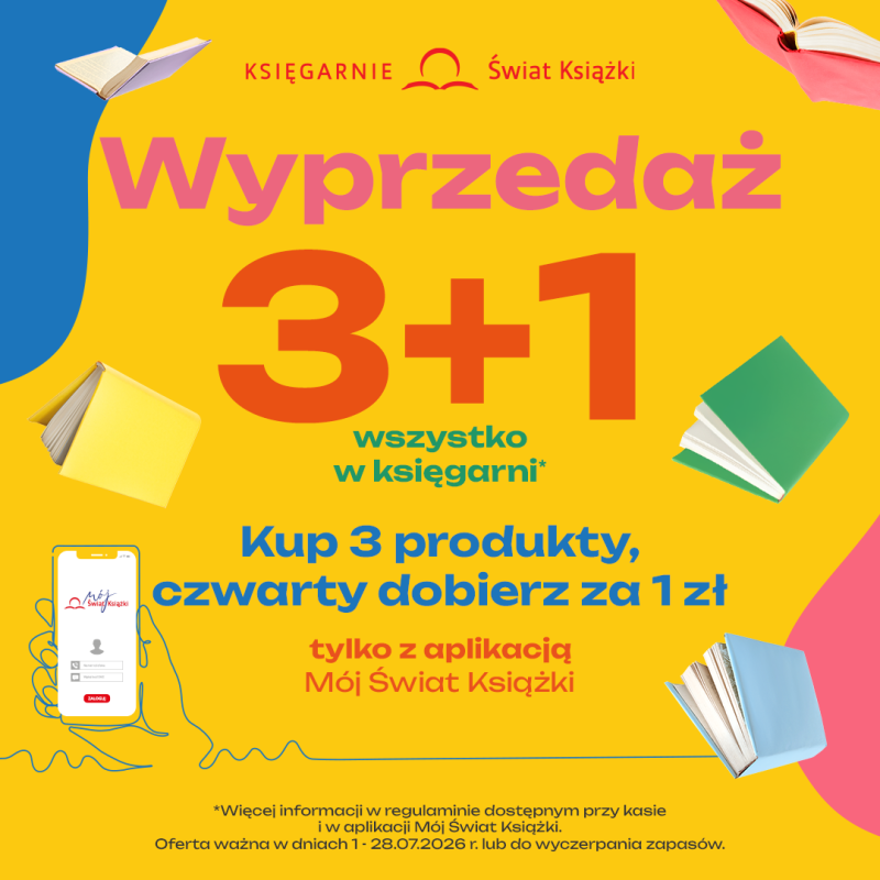Grafika reklamowa księgarni „Świat Książki” informuje o wyprzedaży w formule „3+1”, w której przy zakupie trzech produktów czwarty można dobrać za 1 zł. Oferta obowiązuje na cały asortyment z aplikacją „Mój Świat Książki”, a na żółtym tle przedstawiono ilustracje kolorowych, otwartych książek oraz smartfona.
