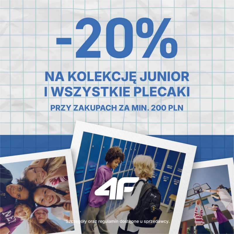 Baner promocyjny marki 4F oferujący rabat -20% na kolekcję Junior i wszystkie plecaki przy zakupach za minimum 200 PLN. Na dole grafiki widoczne są trzy zdjęcia przedstawiające dzieci i młodzież w szkolno-sportowym otoczeniu.