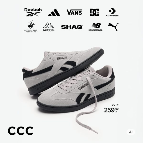 Szare zamszowe buty sportowe marki Reebok z czarnymi akcentami na jasnym tle. Grafika promocyjna CCC z informacją o cenie 259,99 zł oraz logotypami marek sportowych.