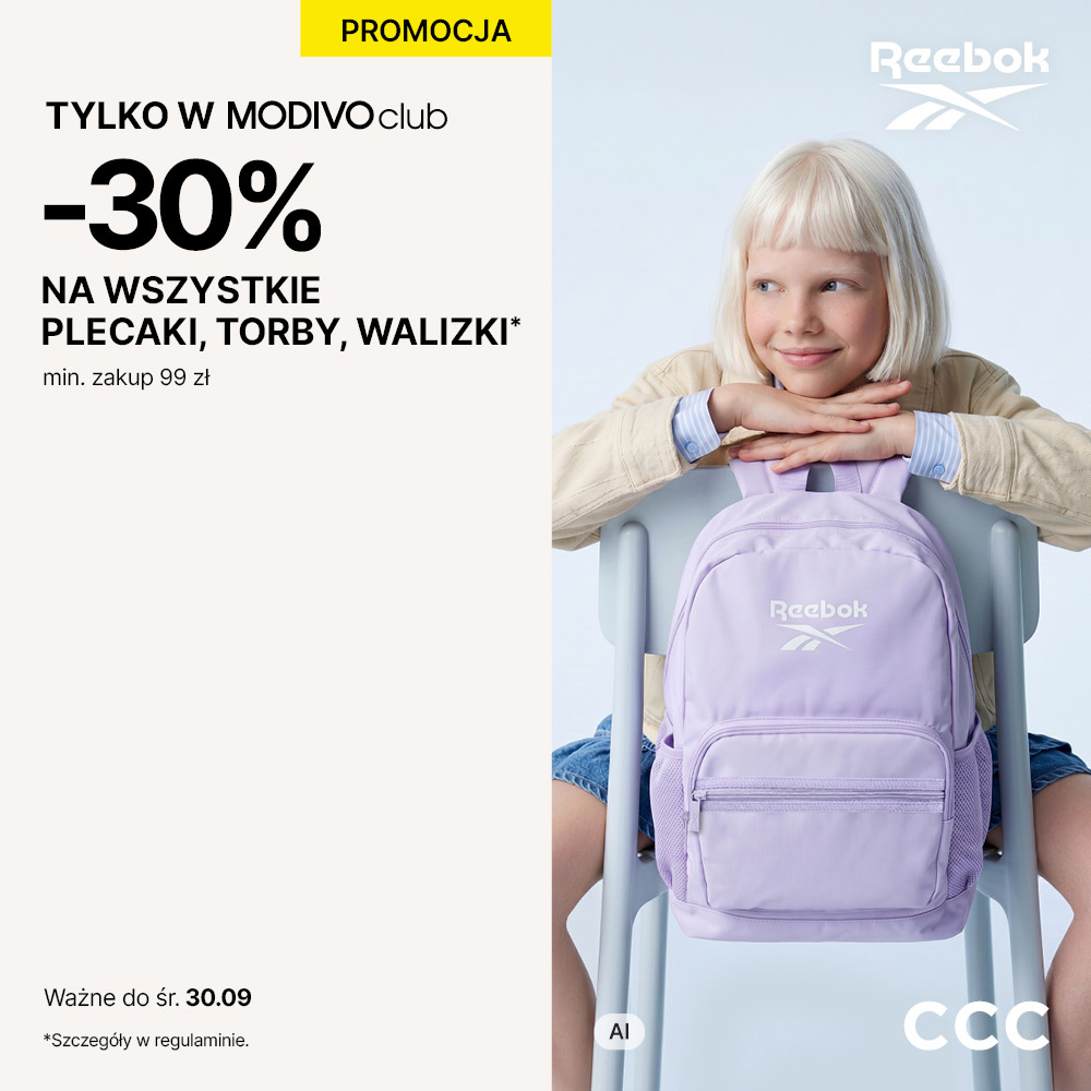 Grafika reklamowa przedstawia osobę z jasnymi włosami opierającą się o krzesło, na którym powieszony jest liliowy plecak marki Reebok. Po lewej stronie umieszczono informację o promocji „-30% NA WSZYSTKIE PLECAKI, TORBY, WALIZKI” dla członków MODIVO club.