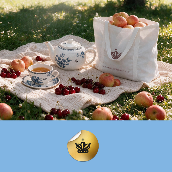 Zdjęcie przedstawia piknik na trawie z białym kocykiem, na którym stoi ceramiczny imbryczek i filiżanka herbaty w niebieskie wzory, otoczone rozsypanymi jabłkami i wiśniami. Obok znajduje się materiałowa torba z logo marki oraz jabłkami, a na dole umieszczono naklejkę z logo marki na jasnoniebieskim tle.