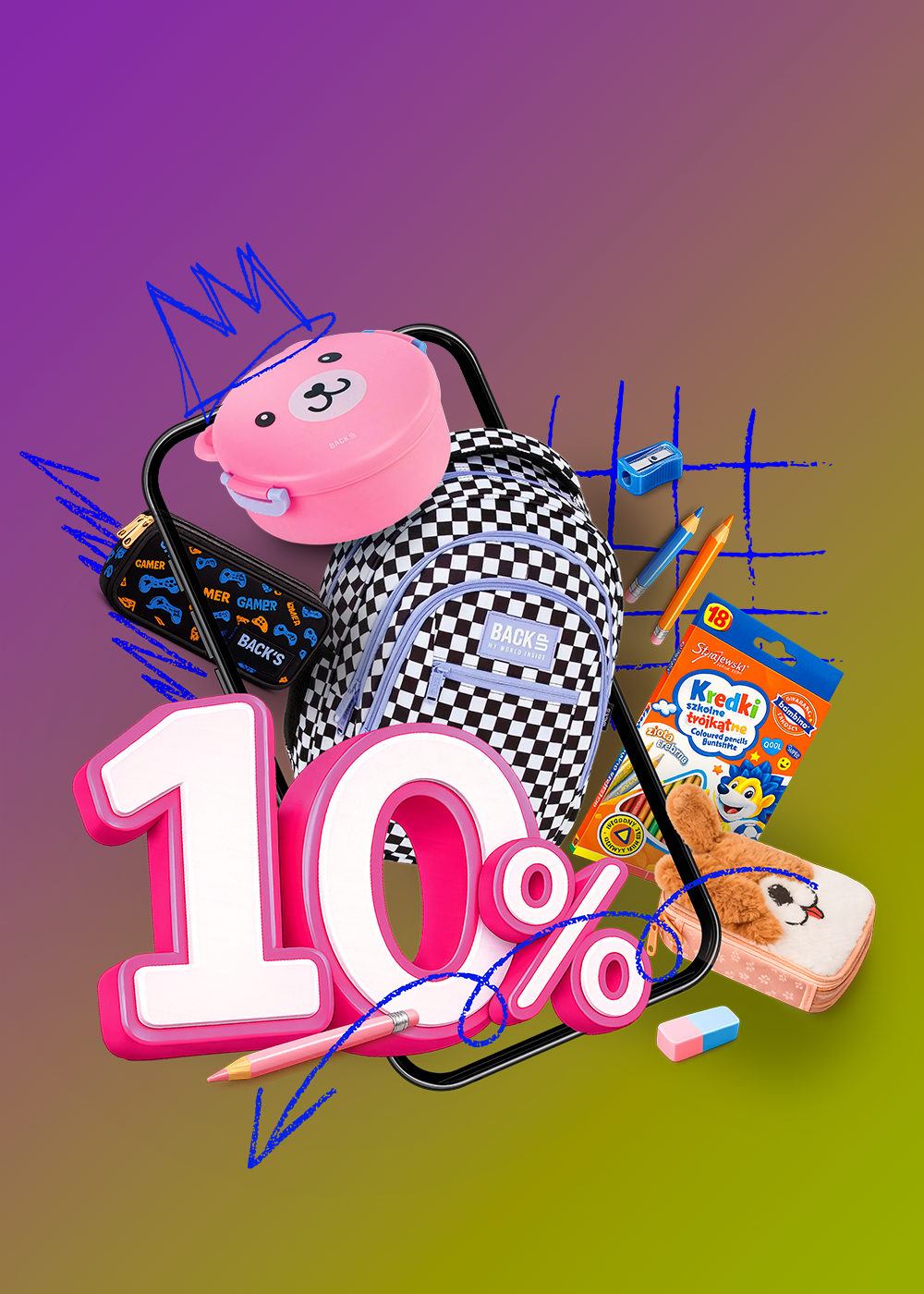 Grafika promocyjna z dużym trójwymiarowym napisem 10% oraz zestawem przyborów szkolnych: plecakiem w czarno-białą szachownicę, piórnikami, kredkami St.Majewski, śniadaniówką z misiem i gumką do ścierania.