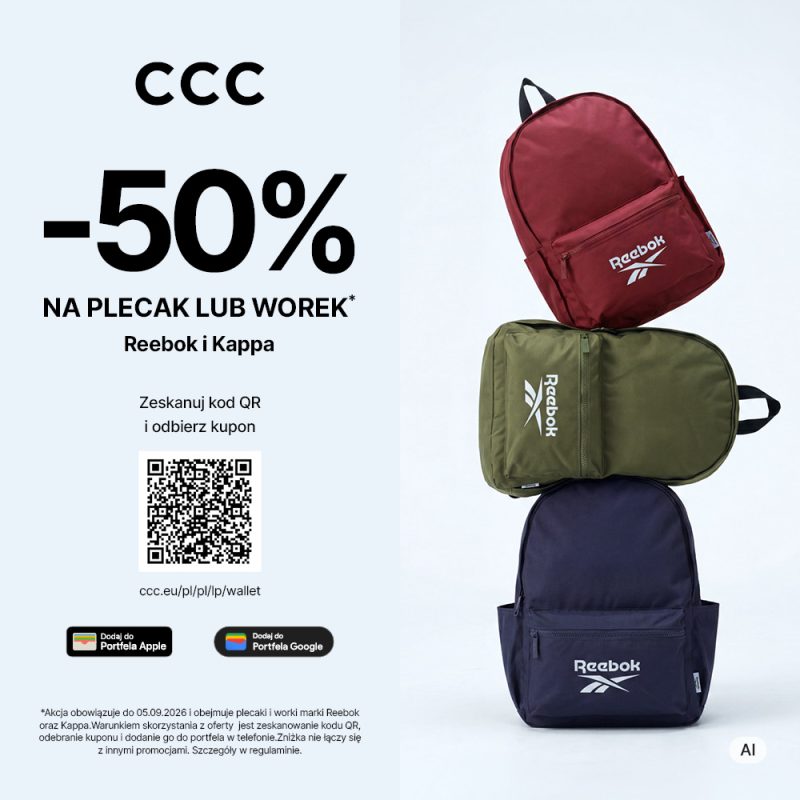 Kwadratowa grafika promocyjna sklepu CCC. Po lewej stronie widoczne czarne logo CCC, duży czarny napis -50% NA PLECAK LUB WOREK Reebok i Kappa, kod QR z instrukcją Zeskanuj kod QR i odbierz kupon oraz przyciski Dodaj do Portfela Apple i Portfela Google. Po prawej stronie ułożone w pionie trzy plecaki marki Reebok w kolorach bordowym, oliwkowym oraz granatowym.