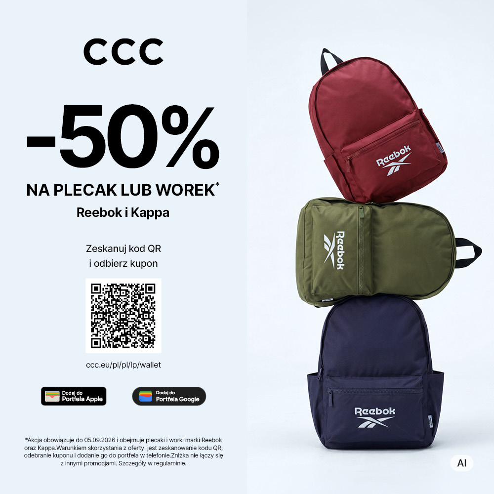 Kwadratowa grafika promocyjna sklepu CCC. Po lewej stronie widoczne czarne logo CCC, duży czarny napis -50% NA PLECAK LUB WOREK Reebok i Kappa, kod QR z instrukcją Zeskanuj kod QR i odbierz kupon oraz przyciski Dodaj do Portfela Apple i Portfela Google. Po prawej stronie ułożone w pionie trzy plecaki marki Reebok w kolorach bordowym, oliwkowym oraz granatowym.