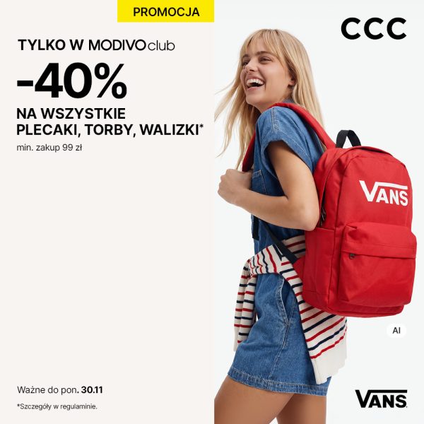 Baner promocyjny marki CCC. Po prawej stronie widnieje uśmiechnięta dziewczyna w sukience jeansowej i bluzce w paski, niosąca na plecach czerwony plecak Vans. Po lewej stronie żółta etykieta PROMOCJA oraz duży czarny napis TYLKO W MODIVOclub -40% NA WSZYSTKIE PLECAKI, TORBY, WALIZKI min. zakup 99 zł. W narożnikach logo CCC, logo Vans oraz informacja Ważne do pon. 30.11.
