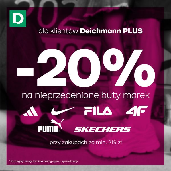 Kwadratowa grafika promocyjna marki Deichmann w różowo-fioletowej tonacji ze zdjęciem obuwia sportowego w tle. Na środku widnieje duży biały napis -20% na nieprzecenione buty marek oraz logotypy adidas, Nike, Fila, 4F, Puma i Skechers. Poniżej napis przy zakupach za min. 219 zł, a w lewym górnym rogu logo Deichmann oraz tekst dla klientów Deichmann PLUS.