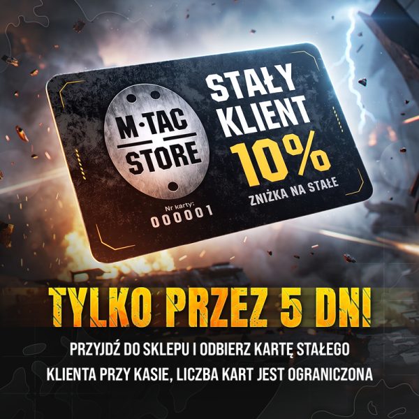Kwadratowa grafika promocyjna marki M-TAC w militarnej i dynamicznej stylistyce. W górnej części widnieje czarna metalowa karta z logo M-TAC STORE w kształcie nieśmiertelnika oraz żółty napis STAŁY KLIENT 10% ZNIŻKA NA STAŁE. Poniżej duży żółty napis TYLKO PRZEZ 5 DNI! oraz biały tekst PRZYJDŹ DO SKLEPU I ODBIERZ KARTĘ STAŁEGO KLIENTA PRZY KASIE, LICZBA KART JEST OGRANICZONA.