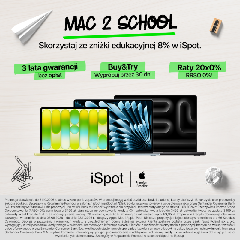 Grafika promocyjna sieci iSpot przedstawia otwarty laptop MacBook Pro i dwa modele iPadów z wybranymi akcesoriami, takimi jak rysik i klawiatura. Na obrazie umieszczono napis „Back to School”, informację o zniżce edukacyjnej do 11% oraz logo marki z podpisem „Apple Premium Partner”.